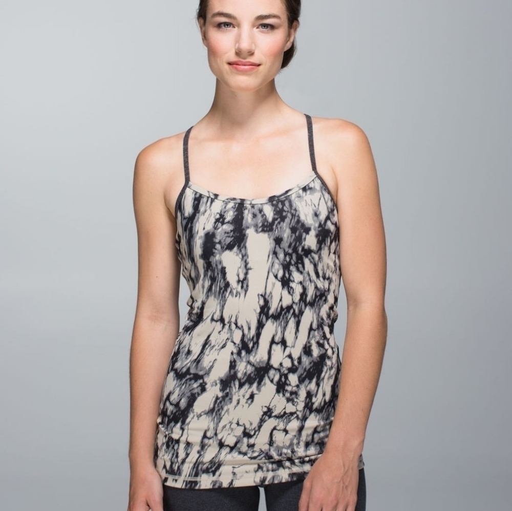 Lululemon Power Y Luon Tank Top Tan w Black Pattern Built in Bra with Inserts